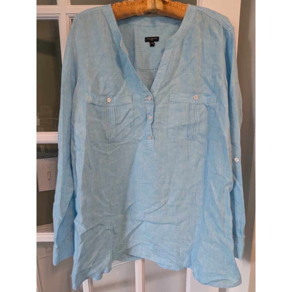 Talbots Plus Womens 2X Light Blue 100% Linen Long Sleeve Button Tab Tunic Blouse